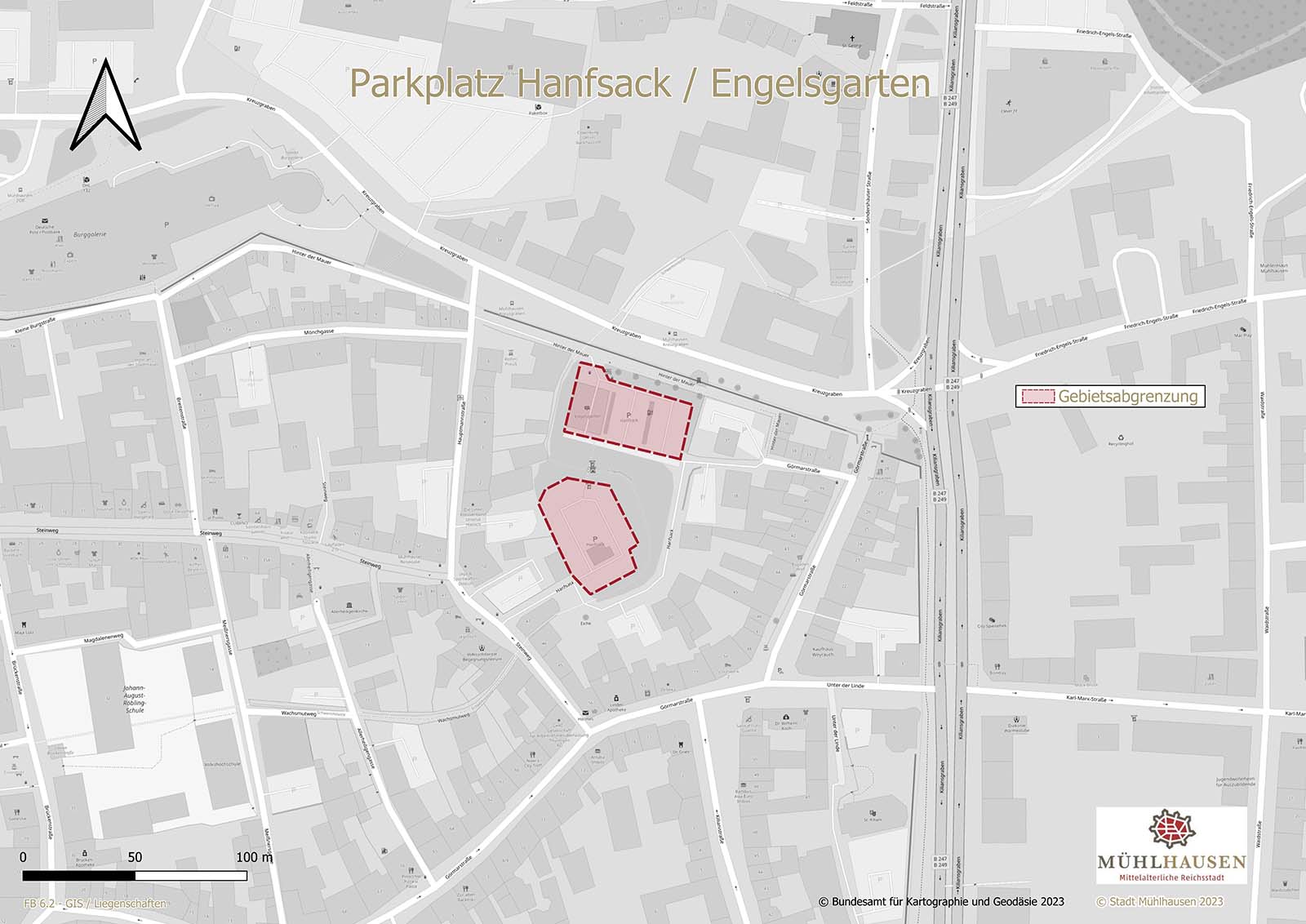 Karte des Parkplatzes Hanfsack und Engelgarten mit markierten Bereichen in Mühlhausen.