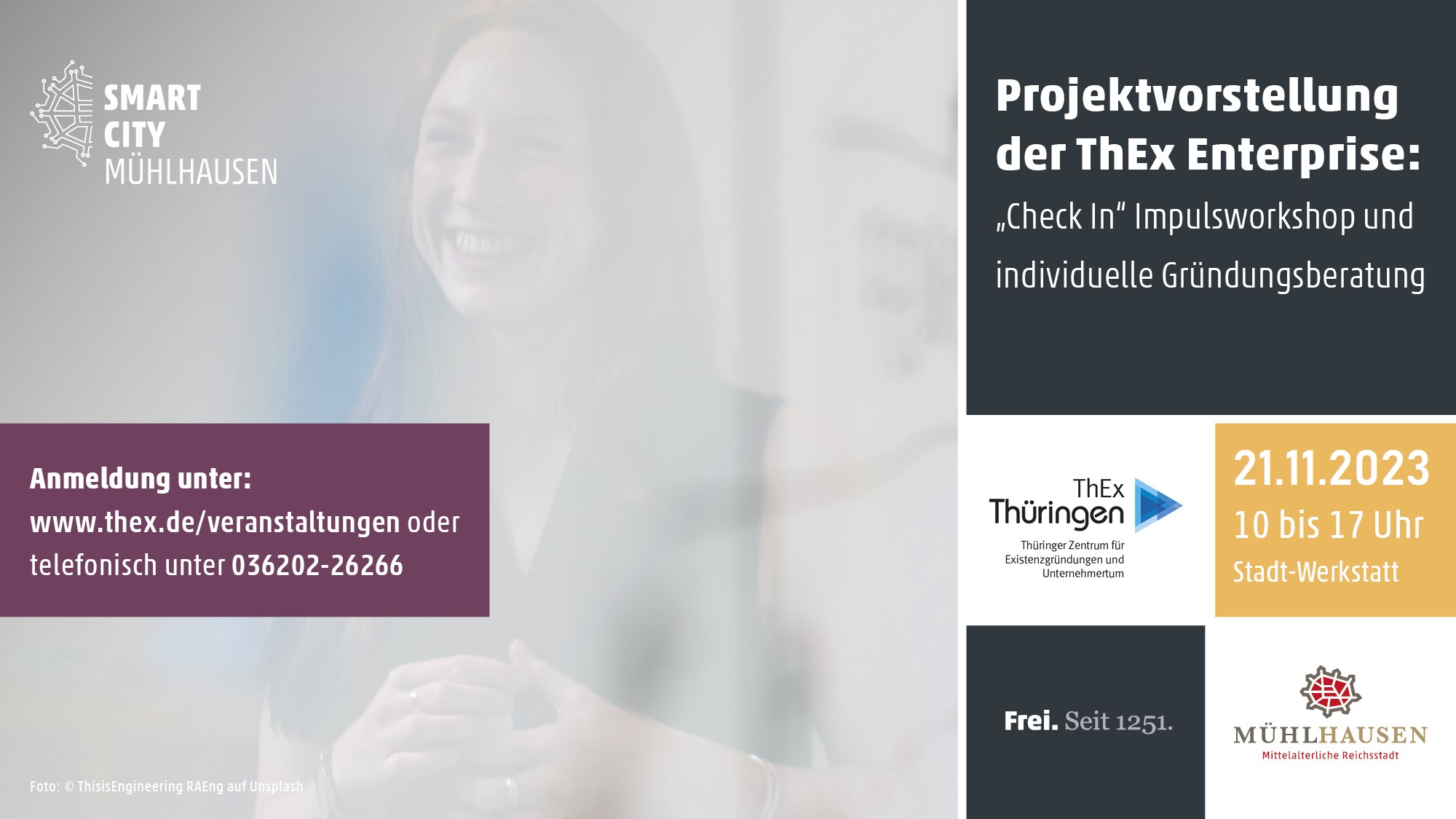 Ein Informationsplakat zur Projektvorstellung der ThEx Enterprise mit Details zu einem Workshop und einer Gründungsberatung.