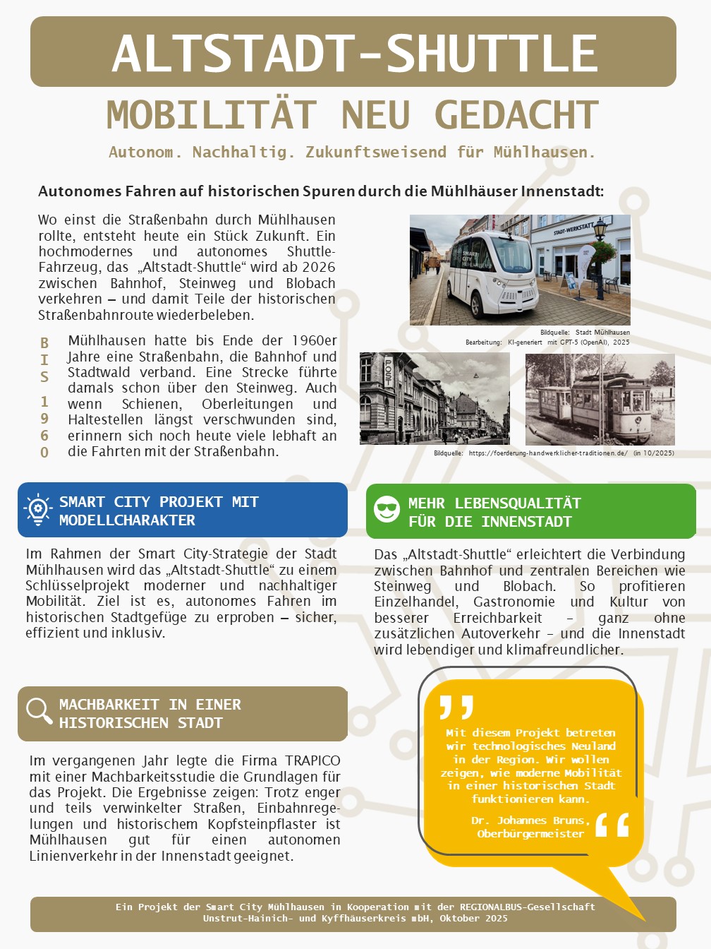 Informationsblatt über das Altstadt-Shuttle-Projekt in Mühlhausen mit Details zu Mobilität und Smart City Konzepten.