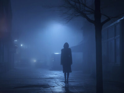 Silhouette einer Person in nebliger Umgebung Eine Person in einem langen Mantel steht in einer nebligen Straße, umgeben von schwachem Licht.