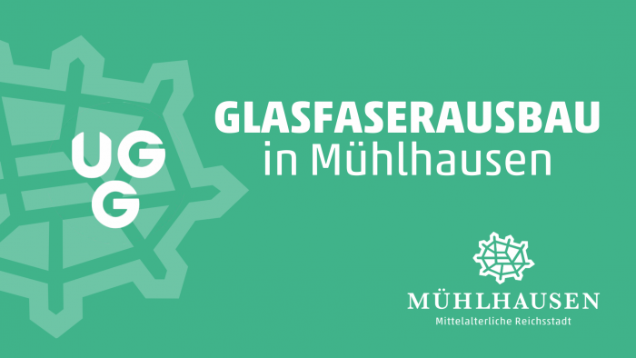 Logo und Text zum Glasfaserausbau in Mühlhausen auf grünem Hintergrund.
