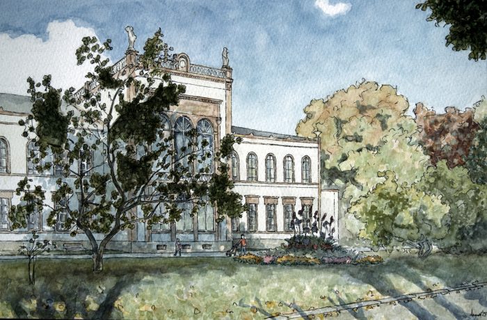 Aquarellbild eines historischen Gebäudes mit Bäumen und Sträuchern im Vordergrund.