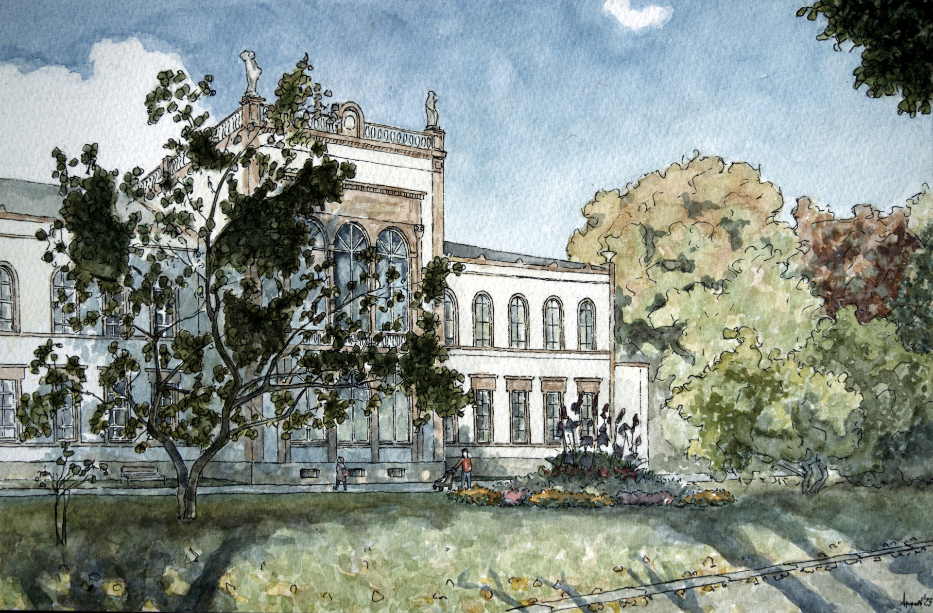 Aquarellbild eines historischen Gebäudes mit Bäumen und Sträuchern im Vordergrund.