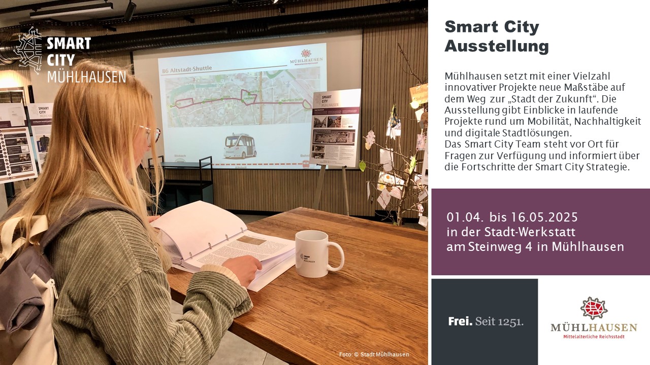 Smart City Ausstellung in Mühlhausen Person, die an einem Tisch sitzt und Informationen zur Smart City Ausstellung in Mühlhausen betrachtet.