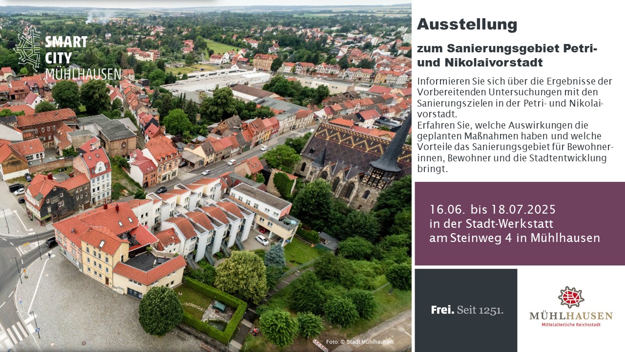 Ausstellung zum Sanierungsgebiet Petri- und Nikolaivorstadt Informationsplakat zur Ausstellung über das Sanierungsgebiet Petri- und Nikolai vorstadt in Mühlhausen.