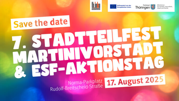 Bunt gestaltetes Plakat für das Stadtteilfest Martinivorstadt und ESF-Aktionstag am 17. August 2025.