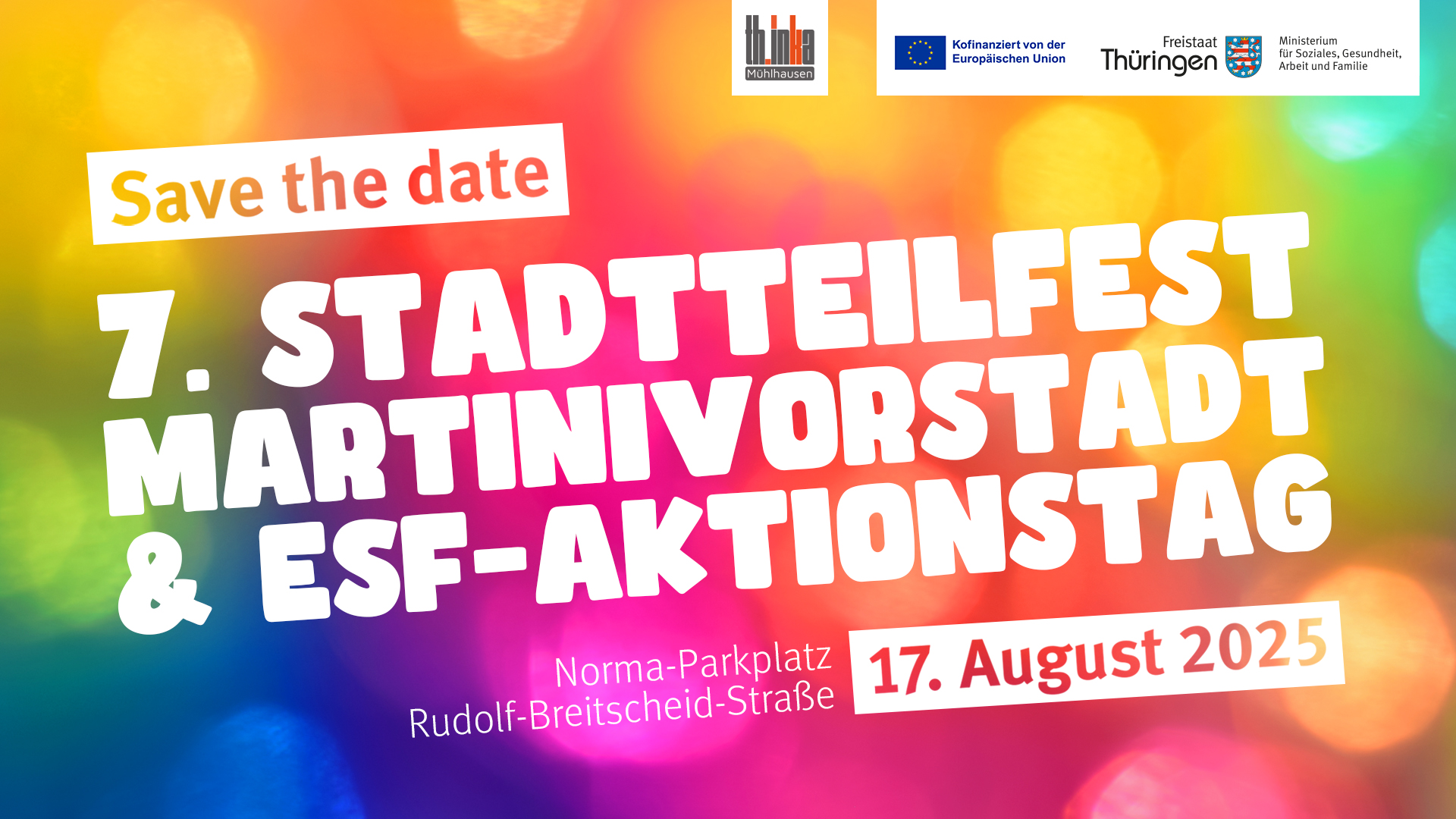 Bunt gestaltetes Plakat für das Stadtteilfest Martinivorstadt und ESF-Aktionstag am 17. August 2025.