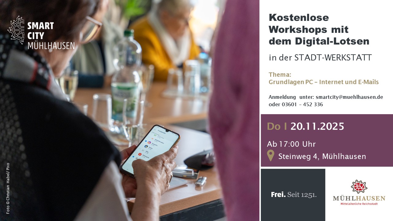 Ein Flyer für kostenlose Workshops mit dem Digital-Lotsen in Mühlhausen, Thema: Grundlagen PC, Internet und E-Mails.