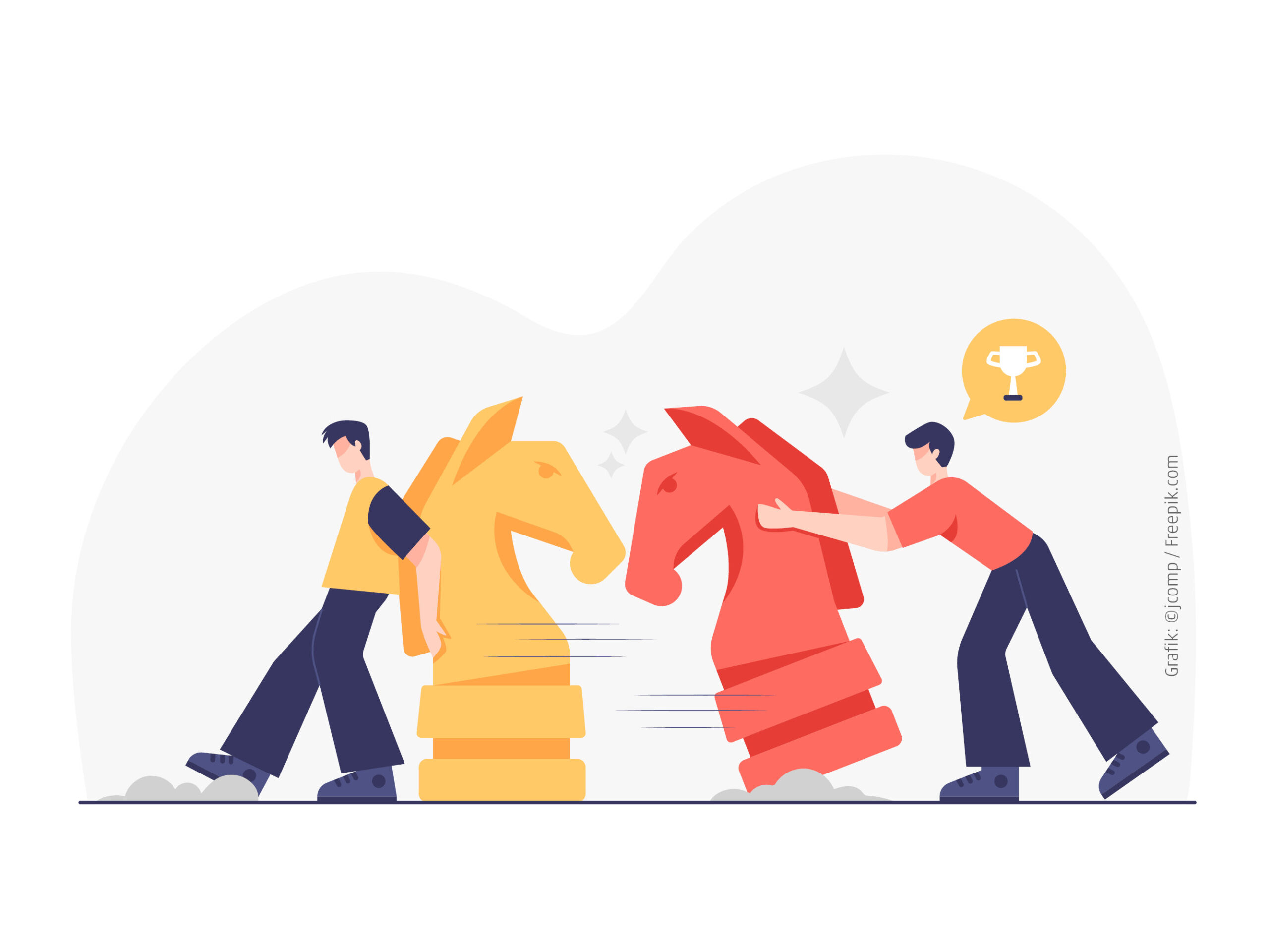 Zwei Schachfiguren in Gelb und Rot, während zwei Personen sie bewegen.