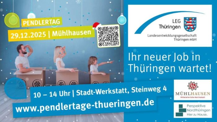 Plakat für den Pendeltag in Mühlhausen mit Informationen zur Veranstaltung und QR-Code.