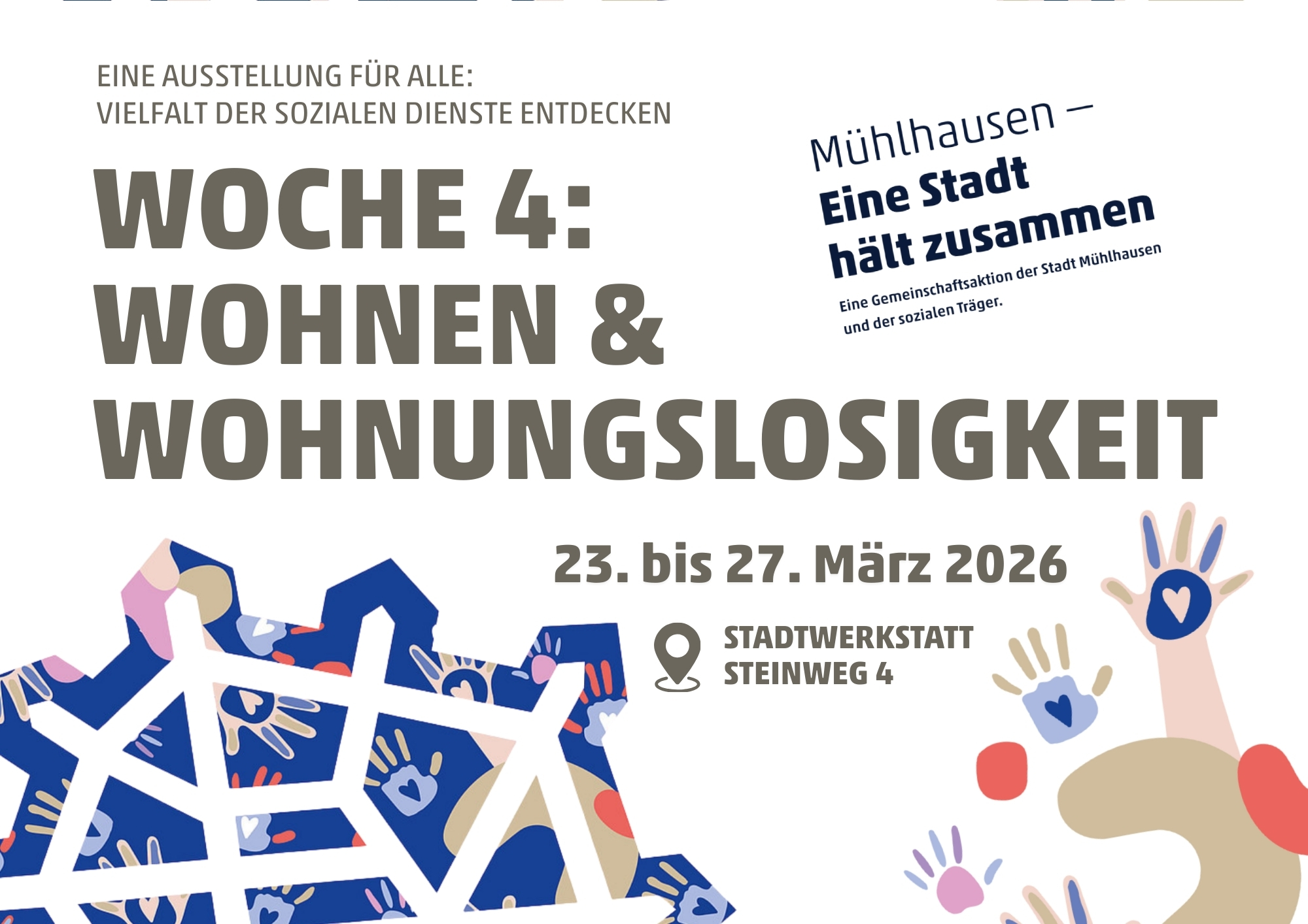 Plakat für die Ausstellung 'Woche 4: Wohnen & Wohnungslosigkeit' in Mühlhausen mit bunten grafischen Elementen.
