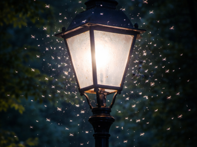 Laterne mit Licht und Insekten Schwarze Laterne mit leuchtendem Licht, umgeben von fliegenden Insekten in der Dämmerung.
