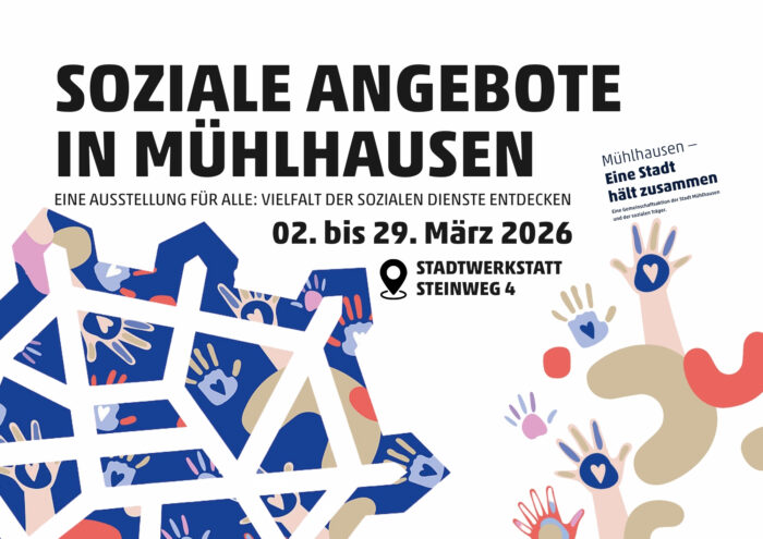 Plakat für die Ausstellung 'Soziale Angebote in Mühlhausen' mit bunten Händen und geometrischen Mustern.