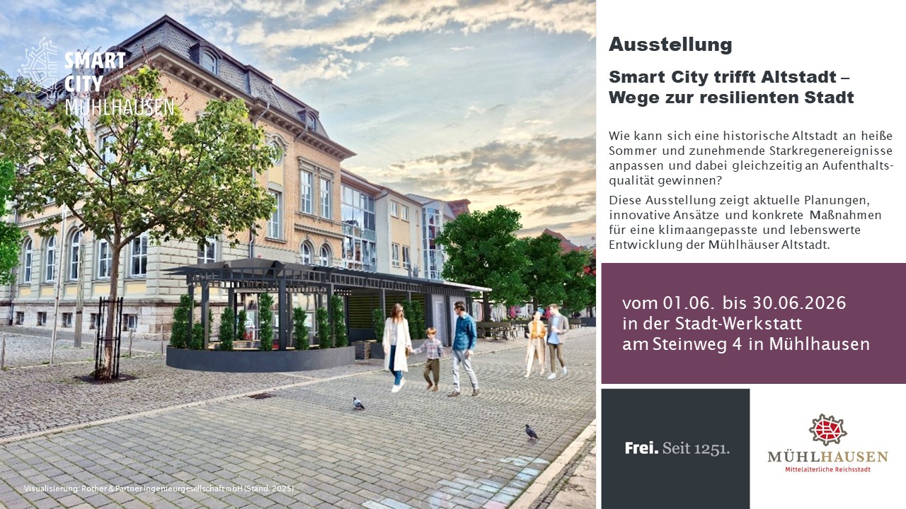 In der Ausstellung Smart City Mühlhausen werden Wege gezeigt, wie die historische Altstadt klimaangepasst und resilient weiterentwickelt werden kann.