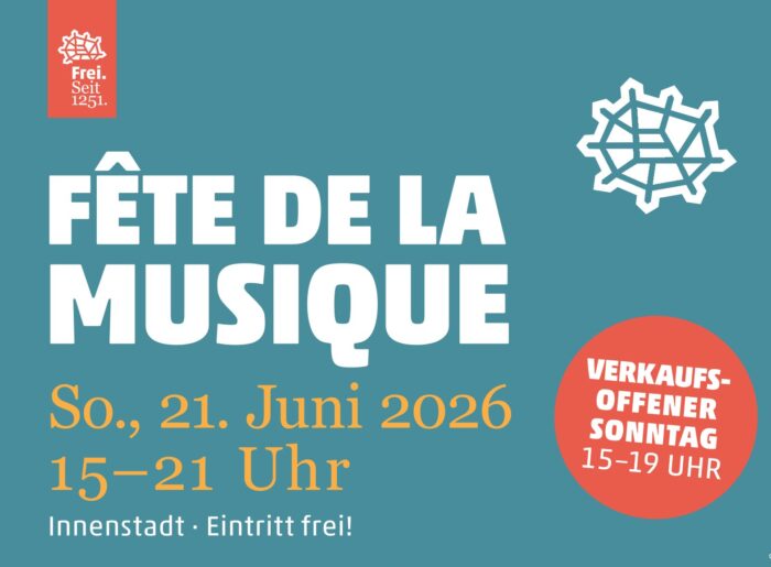 Zur Fête de la Musique findet am Sonntag, 21. Juni 2026, ein verkaufsoffener Sonntag in der Innenstadt statt, von 15 bis 21 Uhr mit freiem Eintritt.
