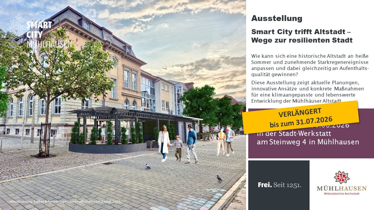 Smart City trifft Altstadt in Mühlhausen, Ausstellungsposter zur resilienten Stadt Das Plakat zeigt die Mühlhäuser Altstadt mit Spaziergängern und informiert über die Ausstellung „Smart City trifft Altstadt“.